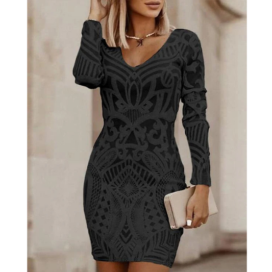 Lace Bodycon Mini Dress | Long Sleeve | Elegant Textured Knit