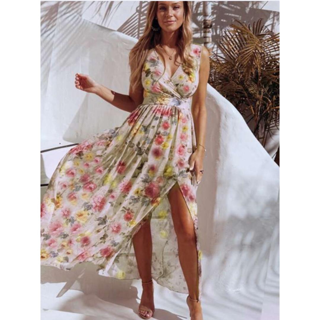 Floral Wrap Maxi Dress | Sleeveless with Slit | Lightweight Chiffon Layer
