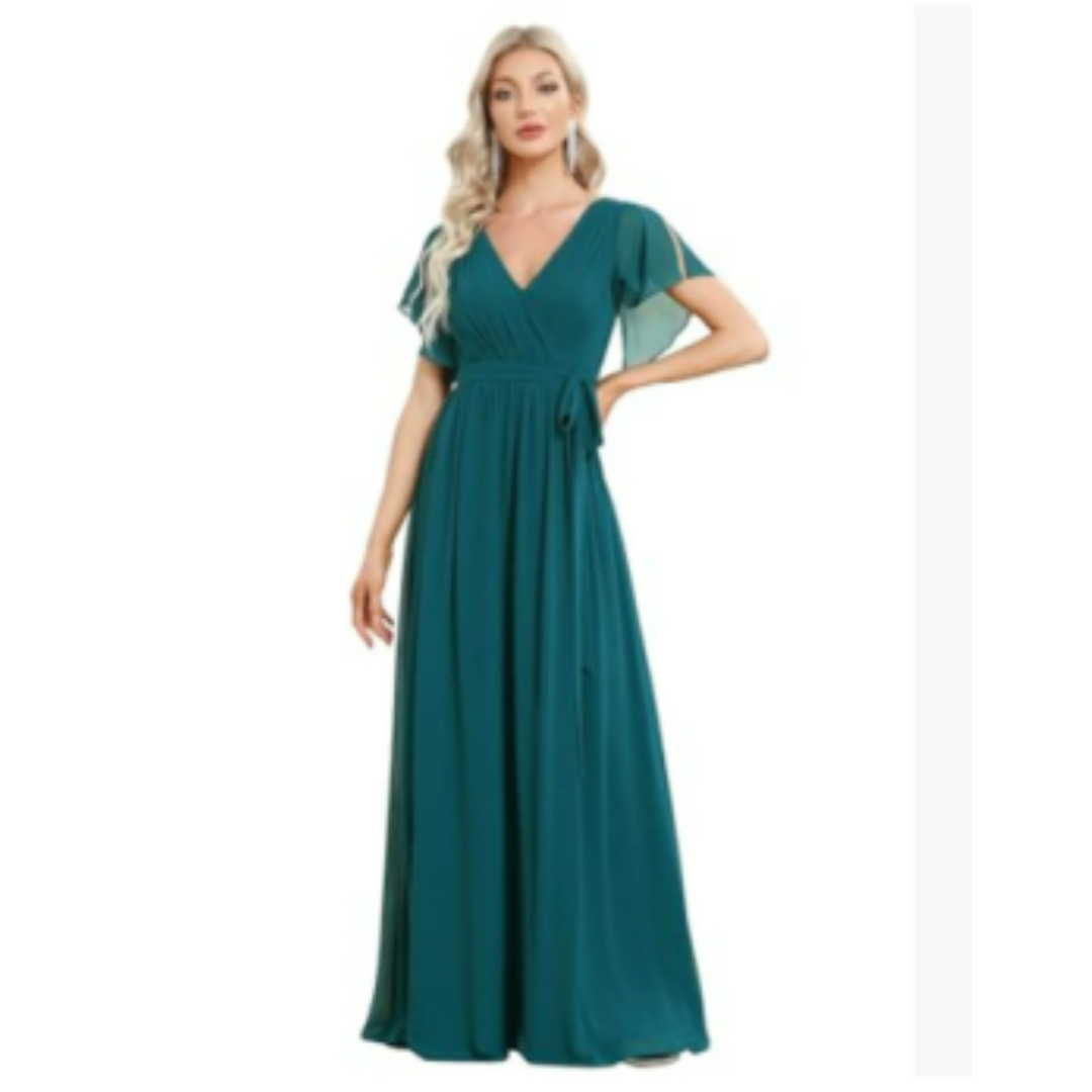 Wrap-Style Maxi Dress | Flutter Sleeve V-Neck | Soft Stretch Formal Gown