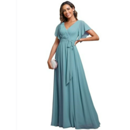 Wrap-Style Maxi Dress | Flutter Sleeve V-Neck | Soft Stretch Formal Gown