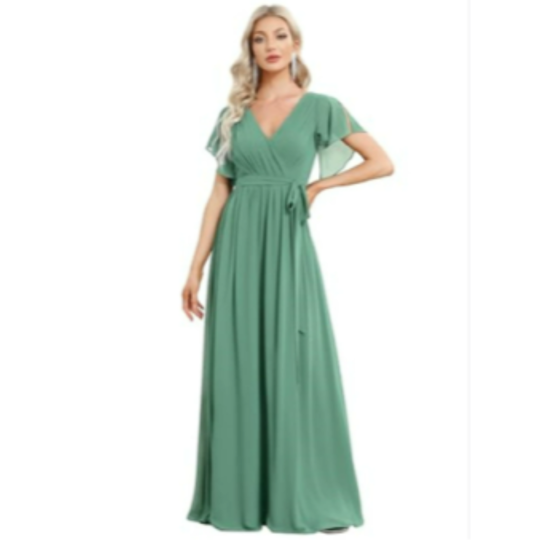 Wrap-Style Maxi Dress | Flutter Sleeve V-Neck | Soft Stretch Formal Gown