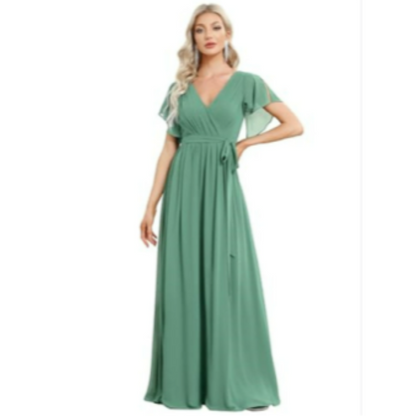 Wrap-Style Maxi Dress | Flutter Sleeve V-Neck | Soft Stretch Formal Gown