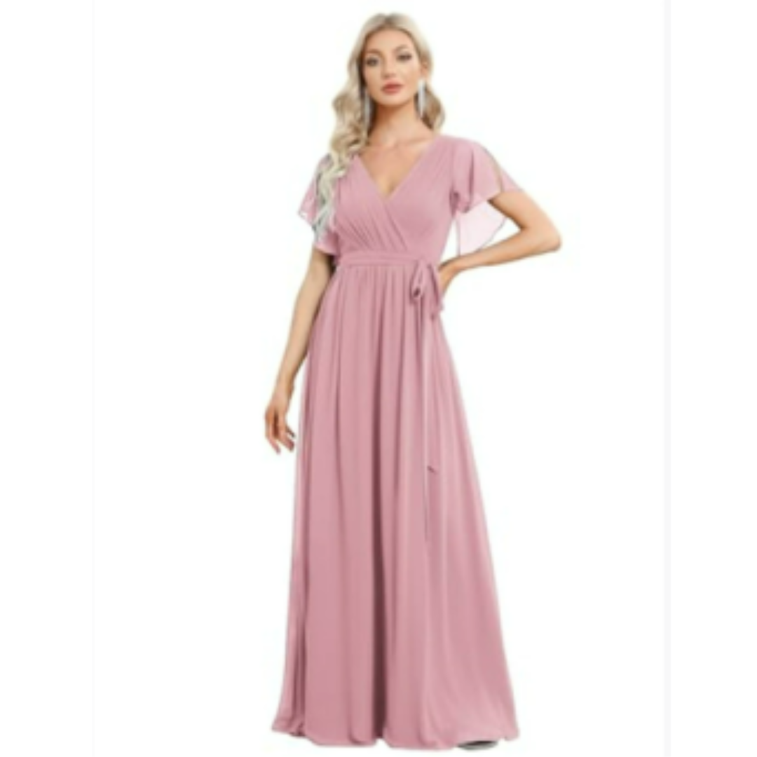 Wrap-Style Maxi Dress | Flutter Sleeve V-Neck | Soft Stretch Formal Gown