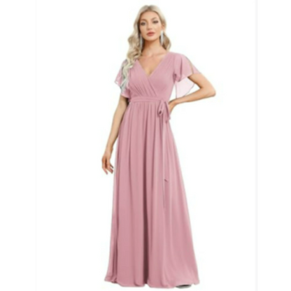 Wrap-Style Maxi Dress | Flutter Sleeve V-Neck | Soft Stretch Formal Gown