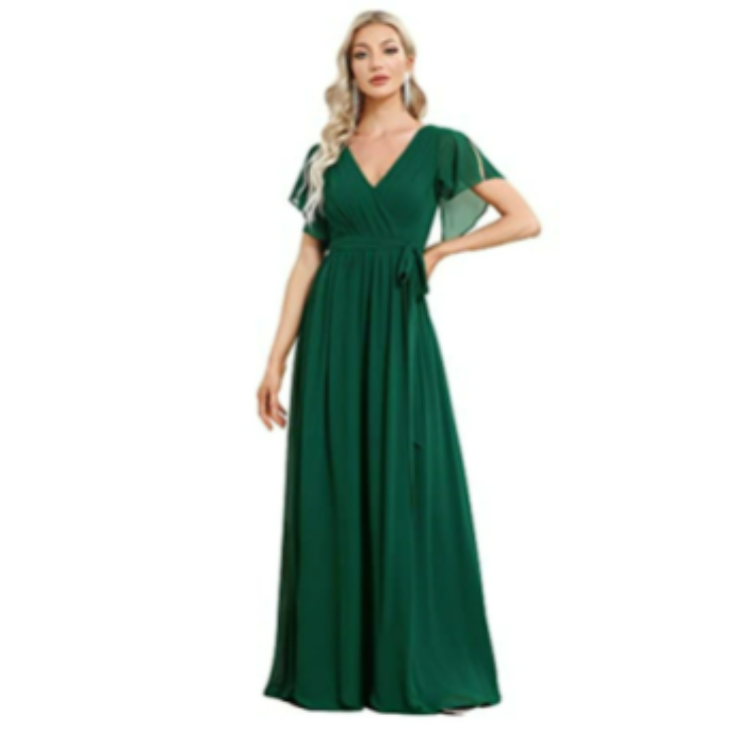 Wrap-Style Maxi Dress | Flutter Sleeve V-Neck | Soft Stretch Formal Gown