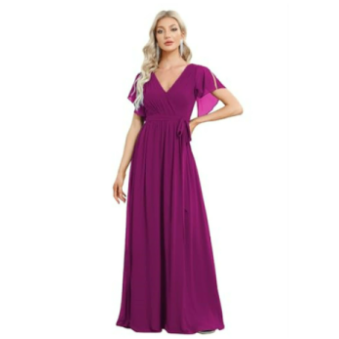 Wrap-Style Maxi Dress | Flutter Sleeve V-Neck | Soft Stretch Formal Gown