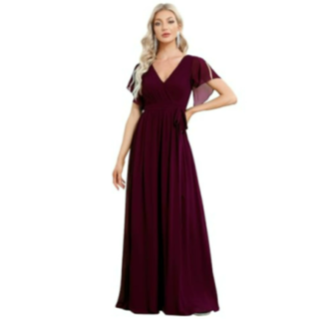 Wrap-Style Maxi Dress | Flutter Sleeve V-Neck | Soft Stretch Formal Gown