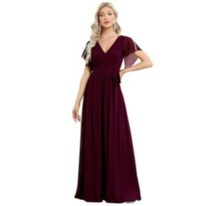 Wrap-Style Maxi Dress | Flutter Sleeve V-Neck | Soft Stretch Formal Gown