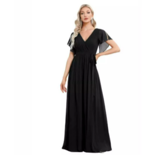 Wrap-Style Maxi Dress | Flutter Sleeve V-Neck | Soft Stretch Formal Gown
