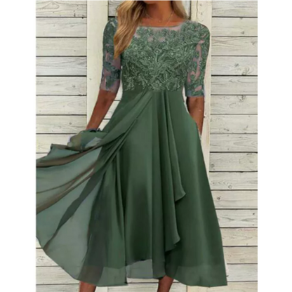 Lace Bodice Midi Dress | Chiffon Overlay | Elegant Occasionwear