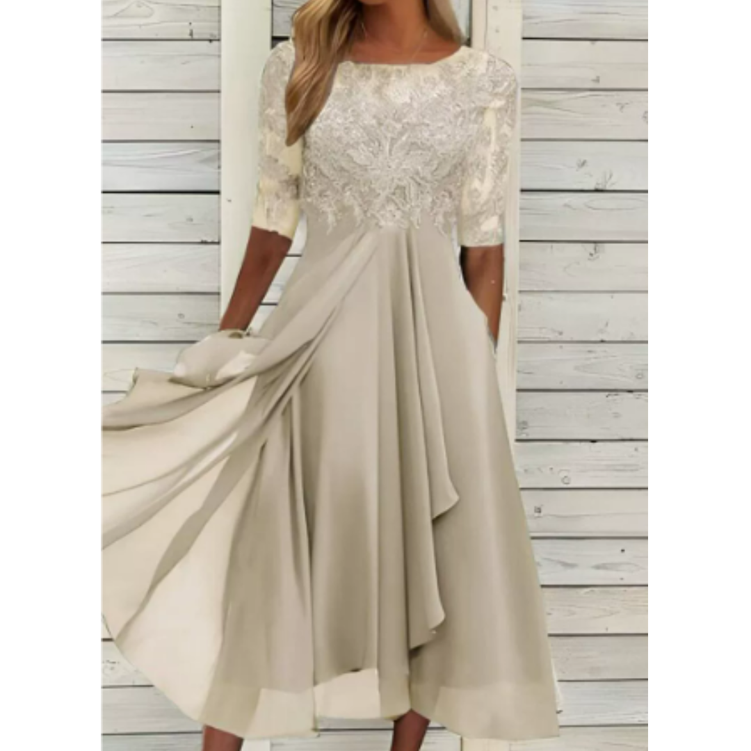 Lace Bodice Midi Dress | Chiffon Overlay | Elegant Occasionwear