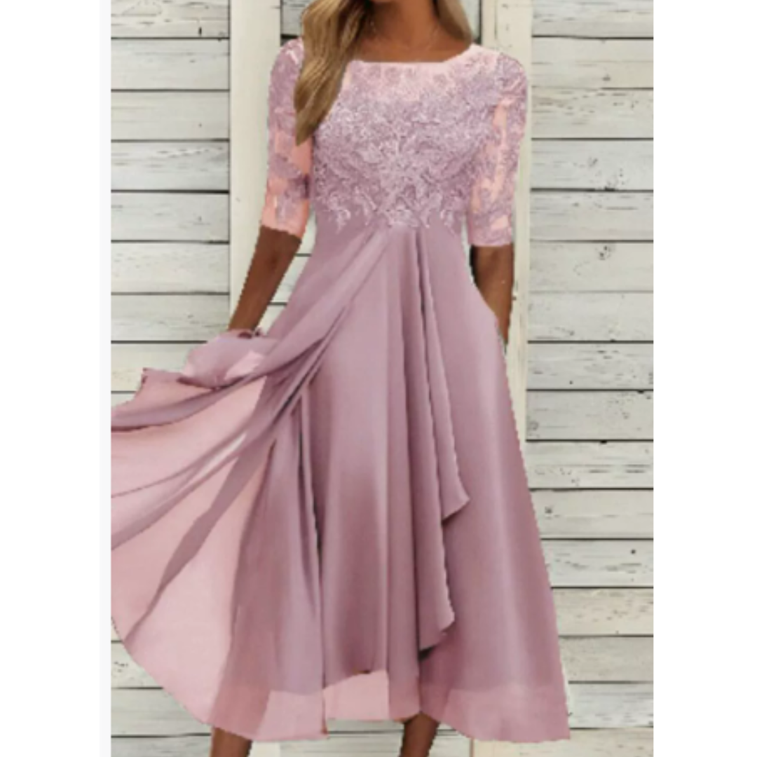 Lace Bodice Midi Dress | Chiffon Overlay | Elegant Occasionwear