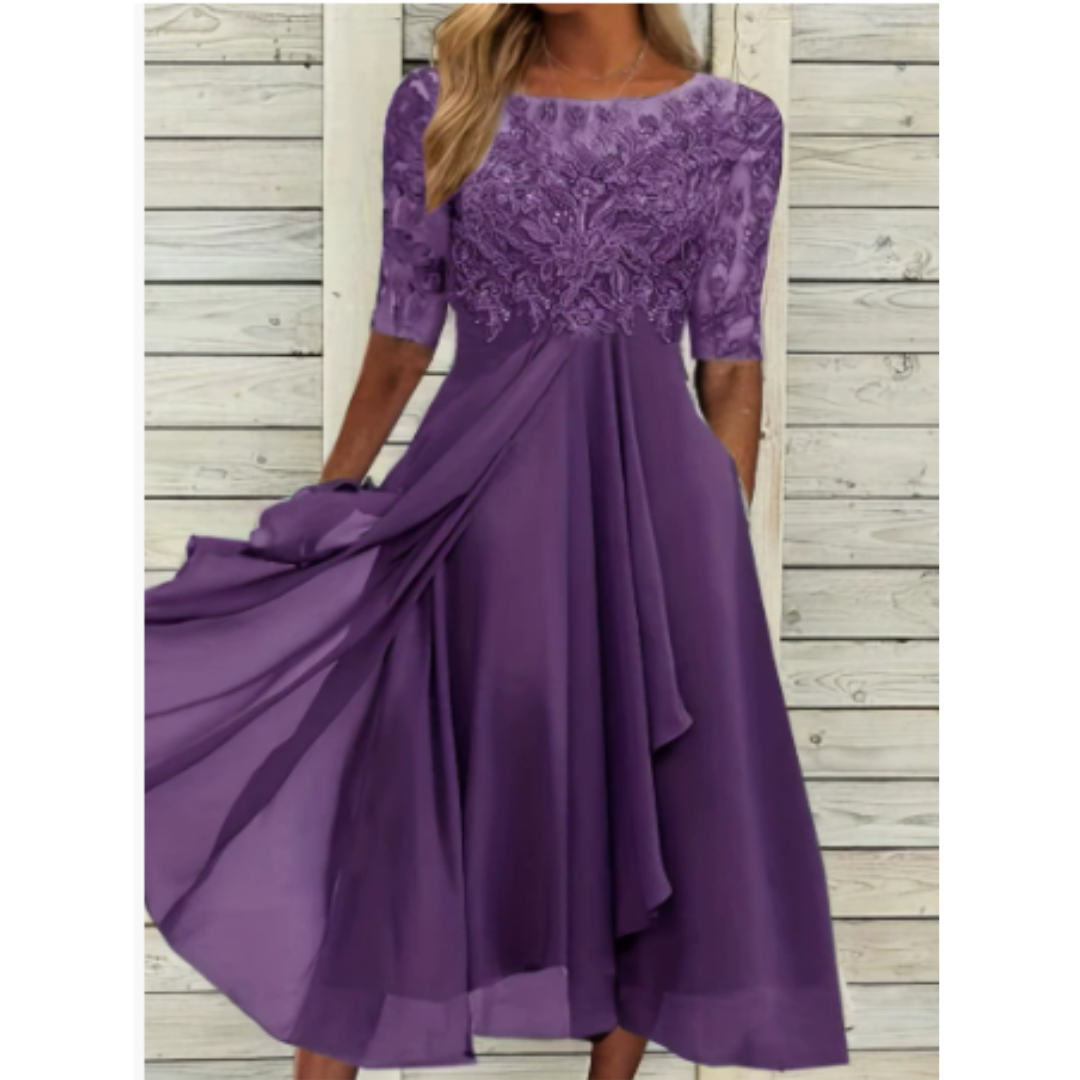 Lace Bodice Midi Dress | Chiffon Overlay | Elegant Occasionwear
