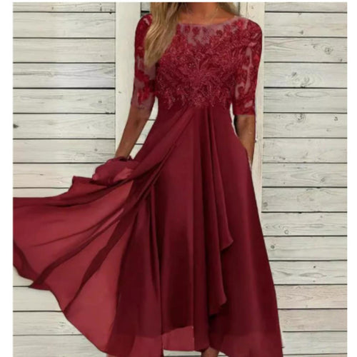 Lace Bodice Midi Dress | Chiffon Overlay | Elegant Occasionwear