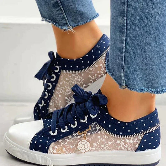 Lace Panel Sneakers | Polka Dot Trim & Ribbon Laces | Breathable Casual Sole