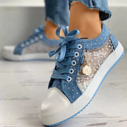 Lace Panel Sneakers | Polka Dot Trim & Ribbon Laces | Breathable Casual Sole