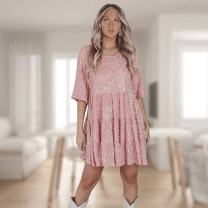 Sequin Babydoll Mini Dress | Glitter Party Dress with Flared Sleeves | Pink Sparkle Statement Look