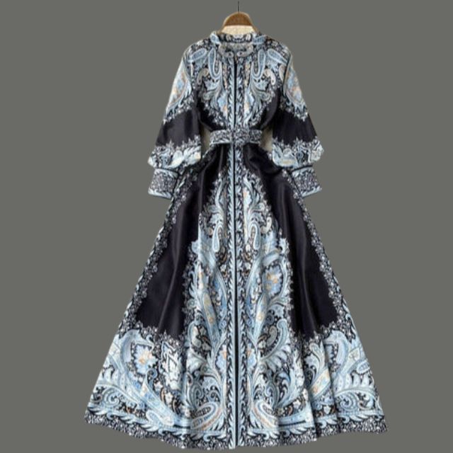 Satin Belted Maxi Dress | Paisley Print Shirt Dress | Long Sleeve Formal Fit