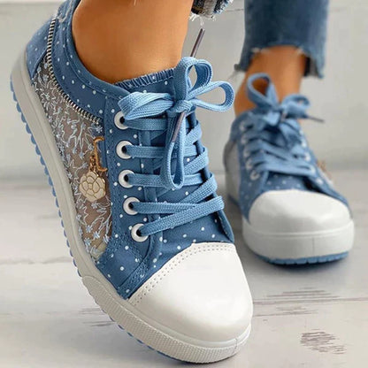 Lace Panel Sneakers | Polka Dot Trim & Ribbon Laces | Breathable Casual Sole