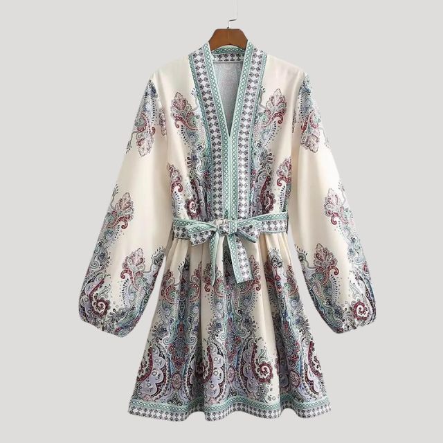 Boho Belted Mini Dress | Paisley Print & Long Sleeves | Lightweight Cotton Blend