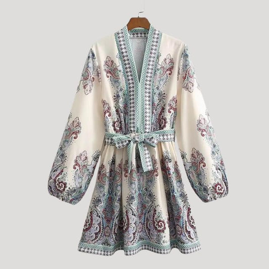 Boho Belted Mini Dress | Paisley Print & Long Sleeves | Lightweight Cotton Blend