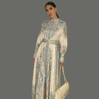 Satin Belted Maxi Dress | Paisley Print Shirt Dress | Long Sleeve Formal Fit