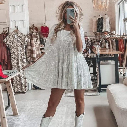Sequin Babydoll Mini Dress | Glitter Party Dress with Flared Sleeves | Pink Sparkle Statement Look