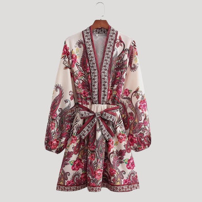 Boho Belted Mini Dress | Paisley Print & Long Sleeves | Lightweight Cotton Blend