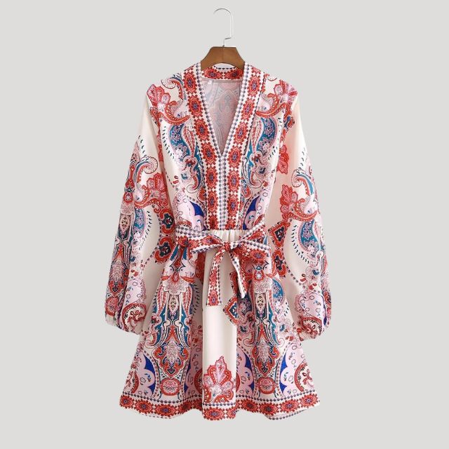Boho Belted Mini Dress | Paisley Print & Long Sleeves | Lightweight Cotton Blend