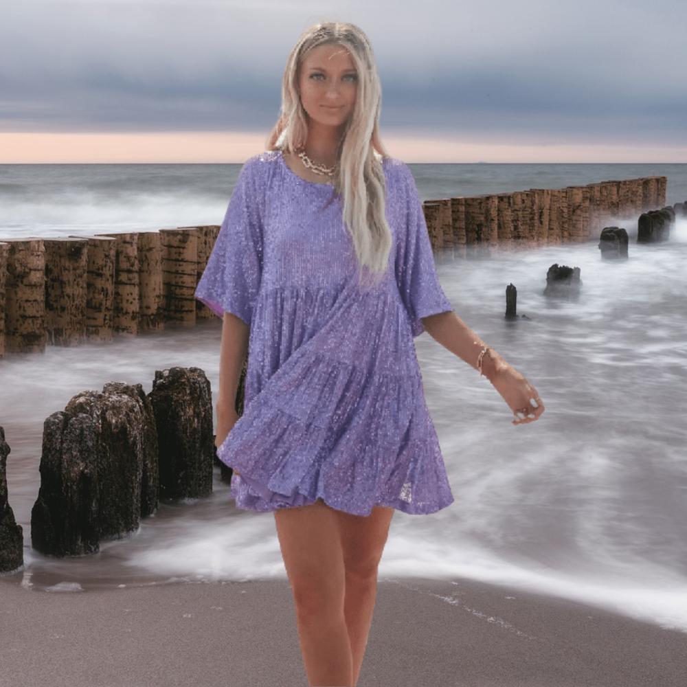 Sequin Babydoll Mini Dress | Glitter Party Dress with Flared Sleeves | Pink Sparkle Statement Look