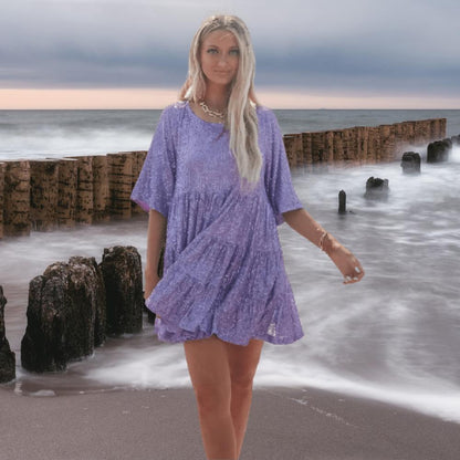 Sequin Babydoll Mini Dress | Glitter Party Dress with Flared Sleeves | Pink Sparkle Statement Look
