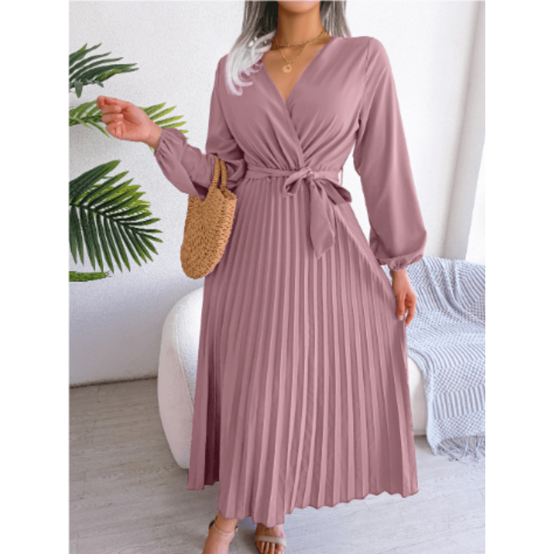 Pleated V-Neck Maxi Dress | Self-Tie Waist | Elegant Long Sleeve Design