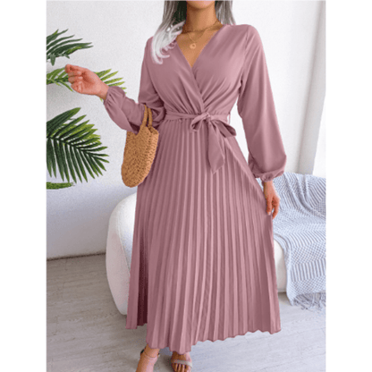 Pleated V-Neck Maxi Dress | Self-Tie Waist | Elegant Long Sleeve Design