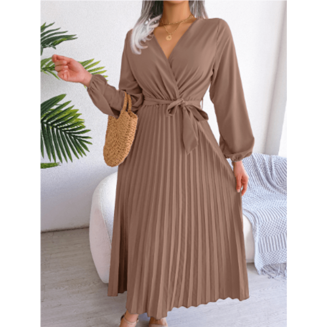 Pleated V-Neck Maxi Dress | Self-Tie Waist | Elegant Long Sleeve Design