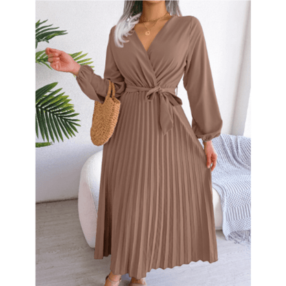 Pleated V-Neck Maxi Dress | Self-Tie Waist | Elegant Long Sleeve Design