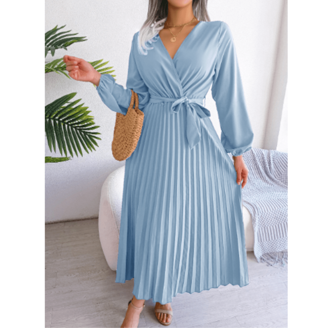 Pleated V-Neck Maxi Dress | Self-Tie Waist | Elegant Long Sleeve Design