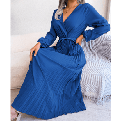 Pleated V-Neck Maxi Dress | Self-Tie Waist | Elegant Long Sleeve Design