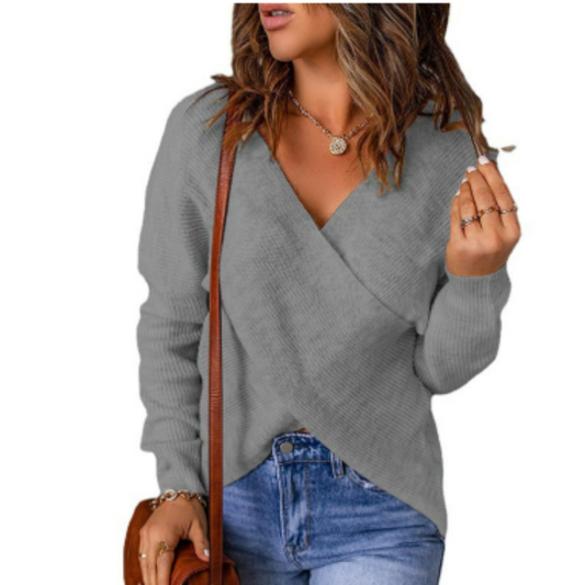 Wrap Front Knit Sweater | V-Neck Long Sleeve Pullover | Casual Fall Layer
