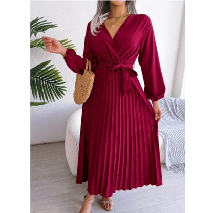 Pleated V-Neck Maxi Dress | Self-Tie Waist | Elegant Long Sleeve Design