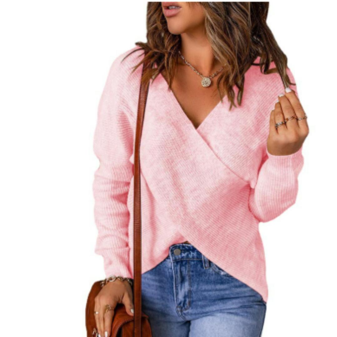 Wrap Front Knit Sweater | V-Neck Long Sleeve Pullover | Casual Fall Layer