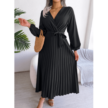 Pleated V-Neck Maxi Dress | Self-Tie Waist | Elegant Long Sleeve Design