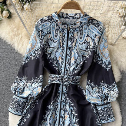 Satin Belted Maxi Dress | Paisley Print Shirt Dress | Long Sleeve Formal Fit