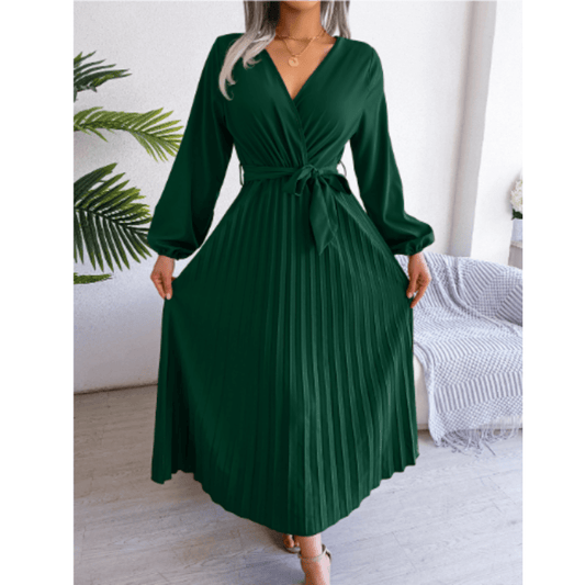 Pleated V-Neck Maxi Dress | Self-Tie Waist | Elegant Long Sleeve Design