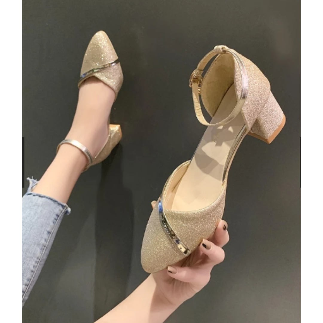 Glitter Block Heel Pumps | Ankle Strap Dress Shoes | Sparkly Closed-Toe Party Heels