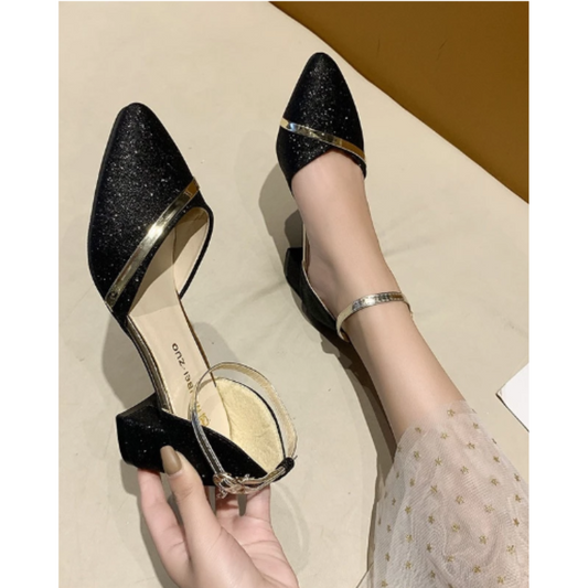 Glitter Block Heel Pumps | Ankle Strap Dress Shoes | Sparkly Closed-Toe Party Heels