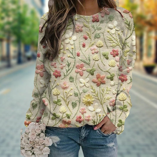 Embroidered Floral Knit Sweater | Crew Neck | Textured Spring Layer