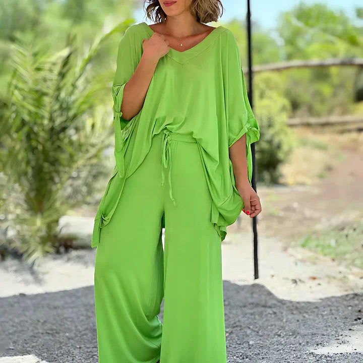 Wide-Leg Lounge Set | Flowy V-Neck Top & Relaxed Pants | Lightweight Two-Piece Outfit