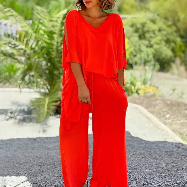 Wide-Leg Lounge Set | Flowy V-Neck Top & Relaxed Pants | Lightweight Two-Piece Outfit