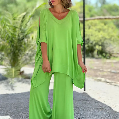 Wide-Leg Lounge Set | Flowy V-Neck Top & Relaxed Pants | Lightweight Two-Piece Outfit