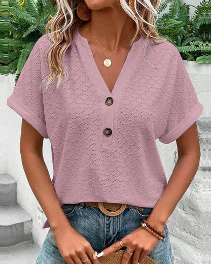 Textured Button V-Neck Blouse | Rolled Sleeve | Lightweight Summer Top